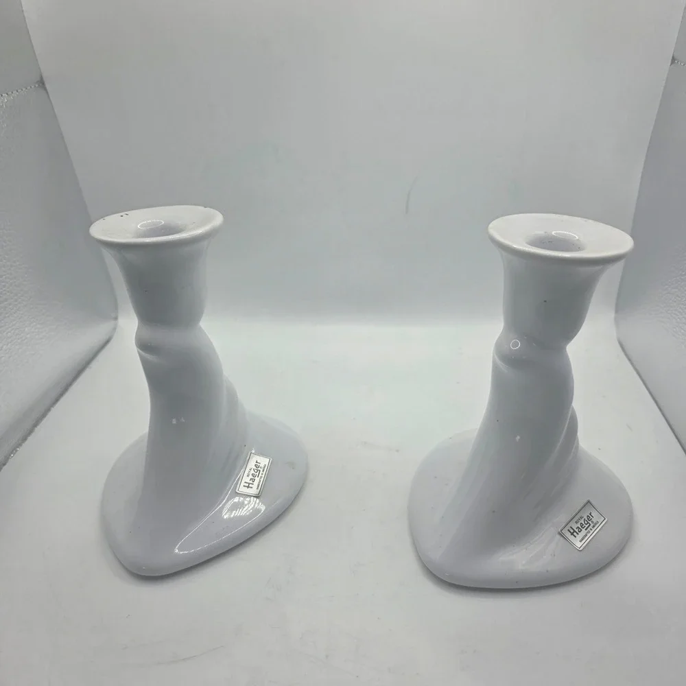 Royal Haeger White Ceramic Candlestick Holders Pair MCM Modernist Pottery USA
